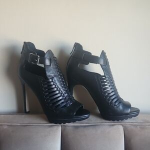 Elegant Black Leather Heeled Sandals